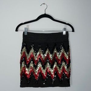 NWOT Black Red Gold Sequin Chevron Mini Skirt